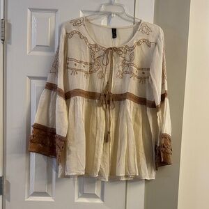 Sacred Threads Cream Blouse with Brown Accents